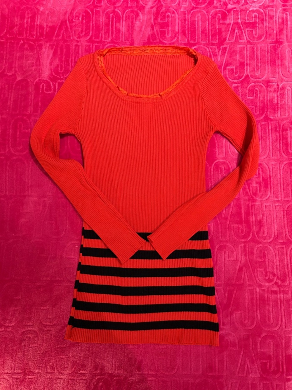 Y2K Red Black Striped Ribbed Knit Long Sleeve Tunic Top